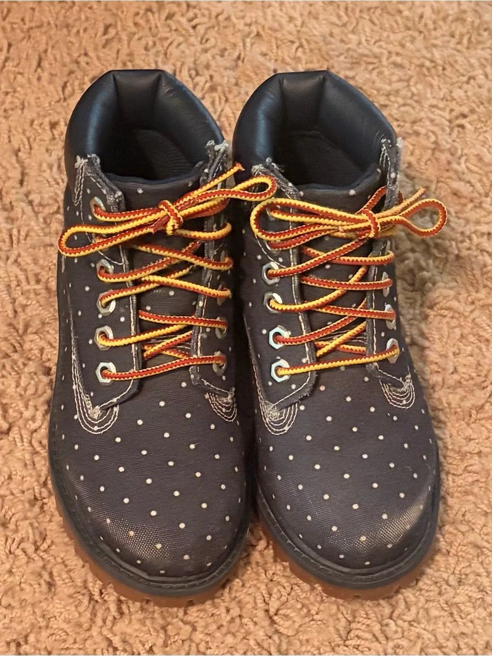 Timberland Kids Navy Polka Dot Boots with Orange Accent Laces